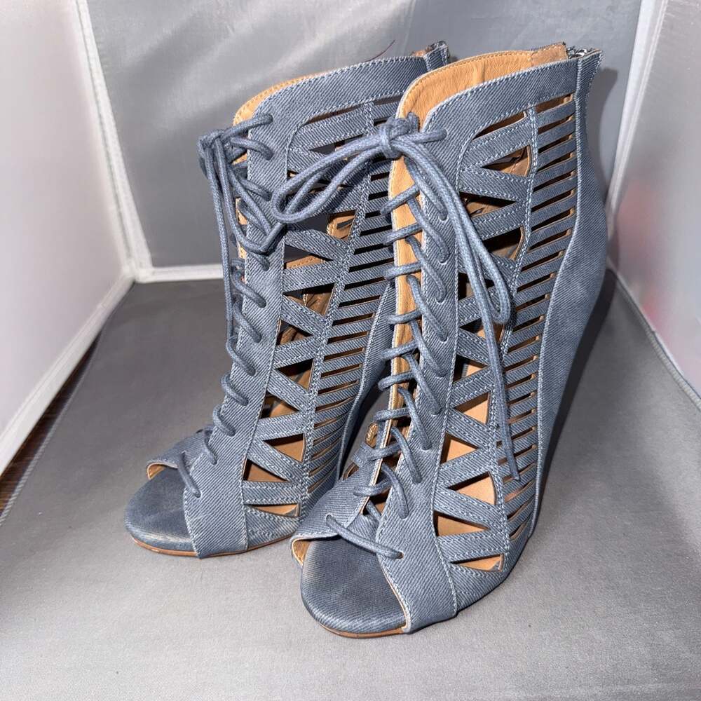 Paprika Denim Lace-Up Laser Cut Peep Toe Booties